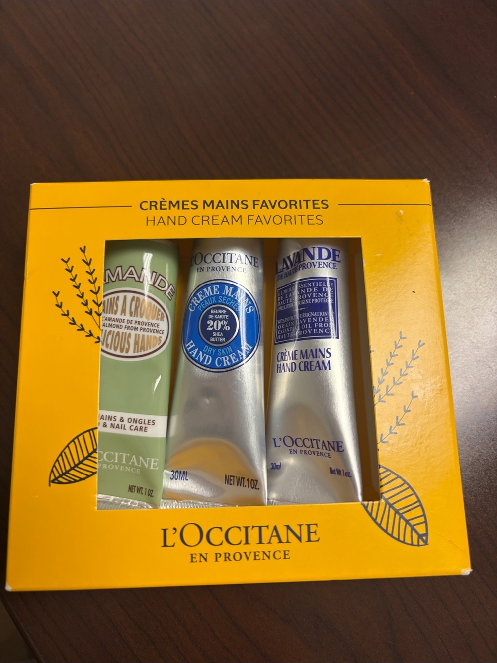 L'OCCITANE Hand Cream Trio in Yellow Gift Box with Green, Silver, Purple Tubes